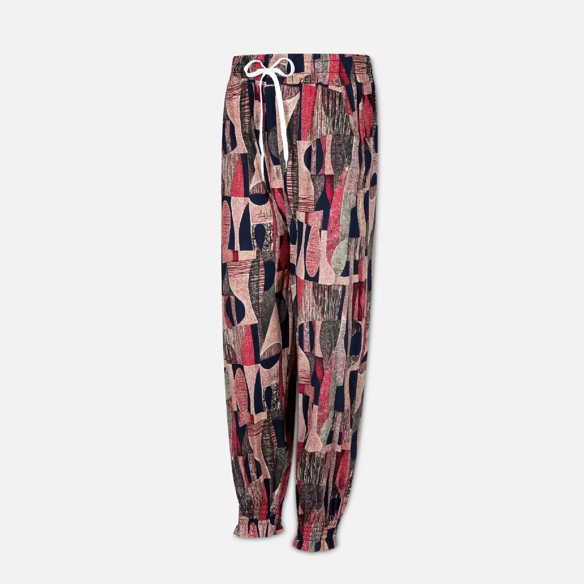 Ladies JDN branded palazzo trousers in black and red with abstract print and white drawstring waistband